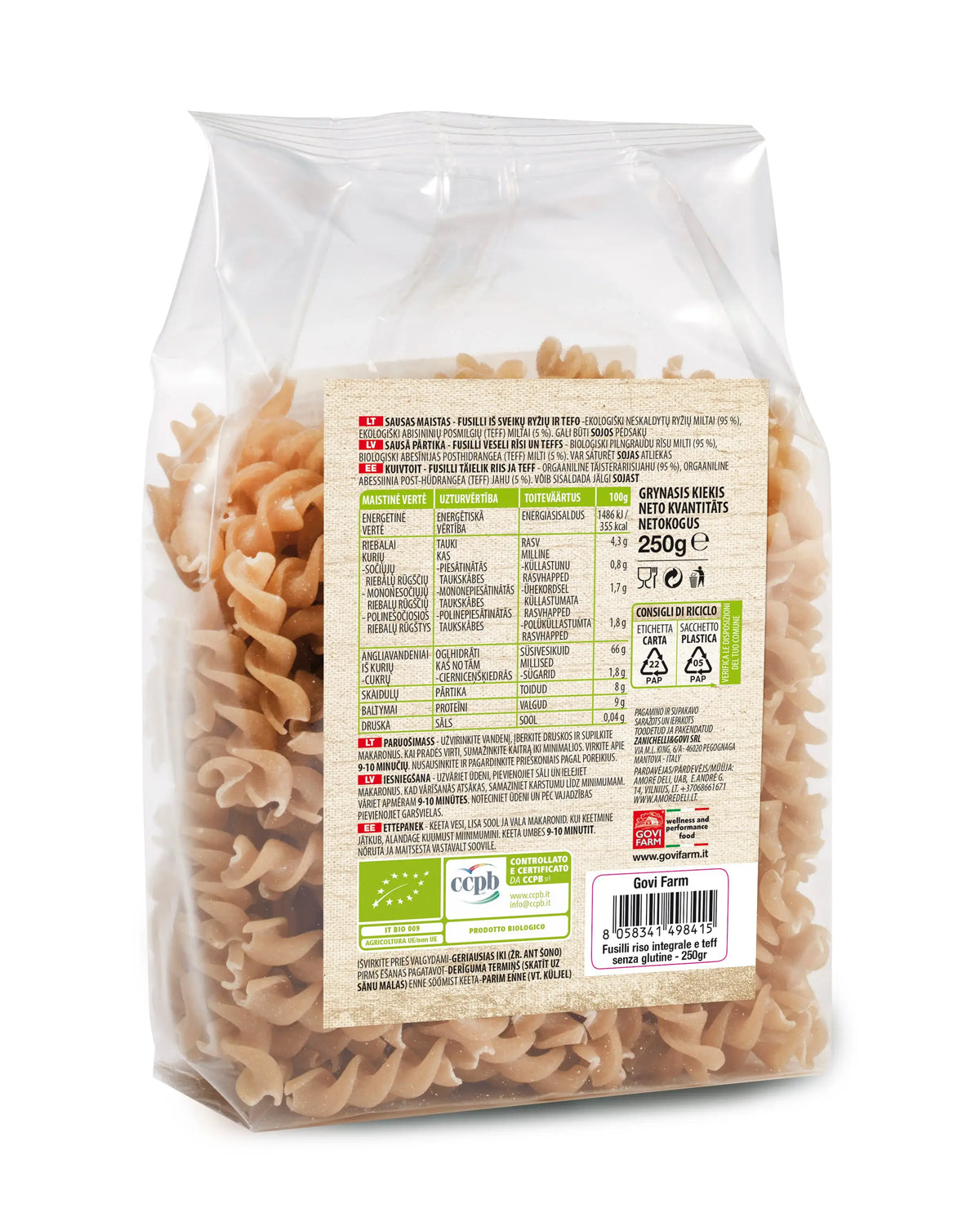 Neskaldytų ryžių ir tefo Fusilli makaronai